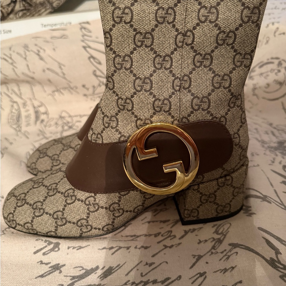Gucci Brown GG Canvas and Dark Brown Leather Ankle Boots with Gold GG Emblem - Picture 2 of 5